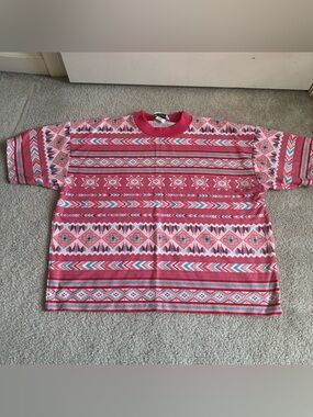 Vintage 90s Women’s Aztec Geometric T-Shirt Pink Teal All Over Print Tribal Boho